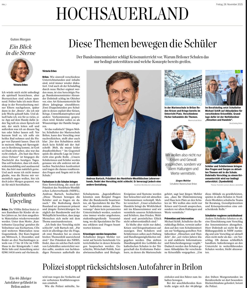 Bartsch: Krisenthemen gehören längst in den Schulalltag, 2 Stunden ‚Krisenunterricht‘ greifen zu kurz. Statt eines neuen Unterrichtsfachs plädiert er für regelmäßige, stufenübergreifende Formate mit externen Fachleuten, die fundiert informieren und Fragen der Jugend beantworten.