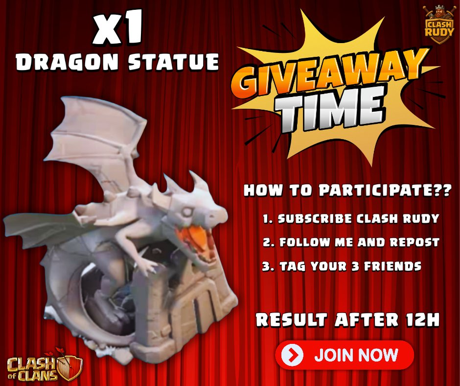 1x DRAGON STATUE GIVEAWAY 🎉

1. SUBSCRIBE MY CHENNAL :- youtube.com/@clashrudy?si=…
2. FOLLOW ME AND REPOST 
3. TAG YOUR 3 FRIENDS 

RESULT ANNOUNCED AFTER 12H ( CHECK COMMENT FOR RESULT) 

HURRY UP ONLY 11H 59MIM LEFT🎉