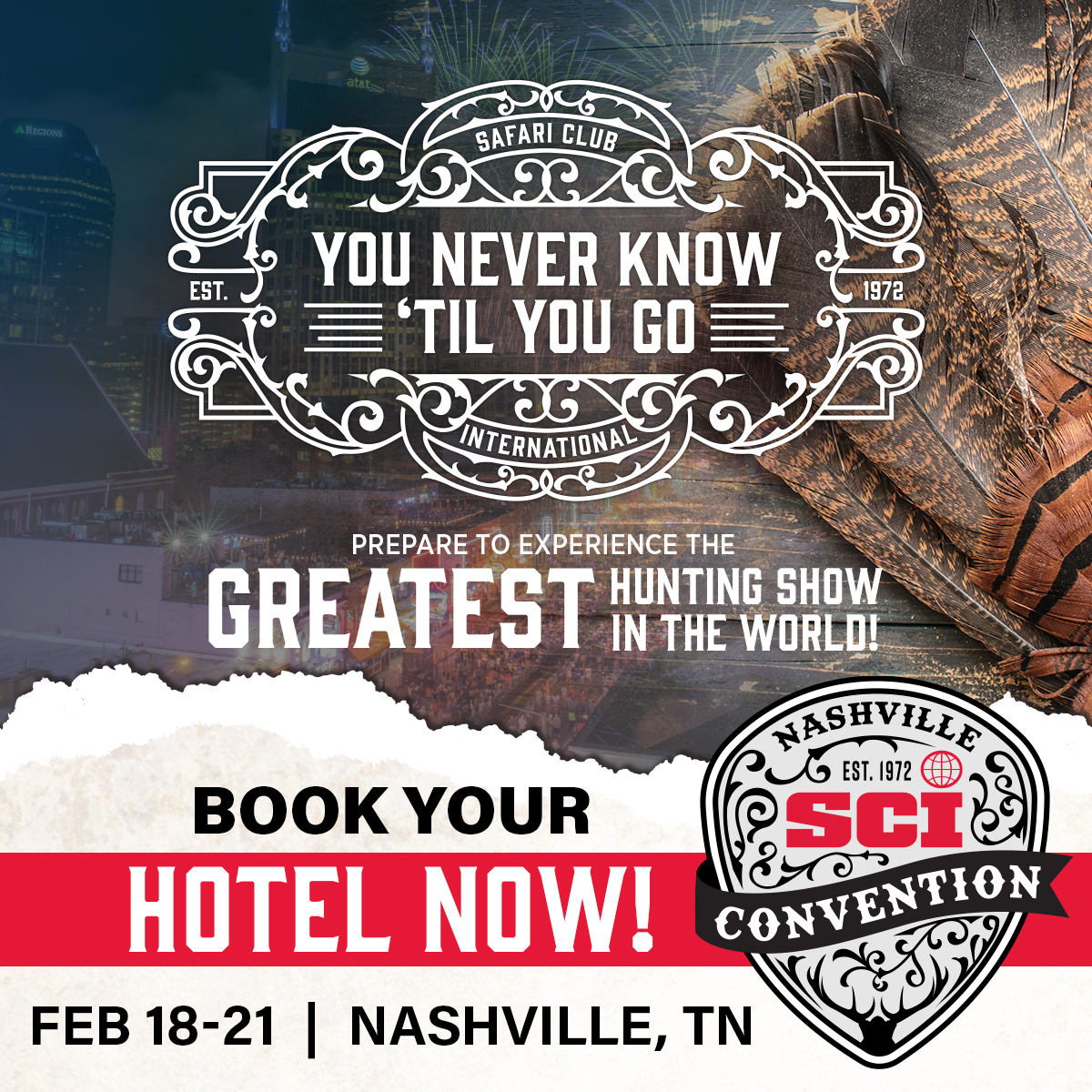 SafariClubIntl's tweet photo. Attending #SCINashville from February 18-21? It's time to book your hotel! 🛏️

Prepare to experience the greatest hunting show in the world! We have a variety of hotel options available that are within minutes of the Music City Center! PLUS, if you book through one of our official links, the SCI rate will automatically be applied.

REMEMBER! We recommend booking EARLY to ensure the best availability. If your preferred hotel is full, check out one of our other great hotel options nearby! Don't wait. Reserve your room now! 🔗 https://t.co/daSduKNSbA  

Reserving by phone? ☎️ Mention "Room Block SCI 2026" or "I Am With Safari Club International Room Block" when booking. We'll see you in Nashville! ⭐