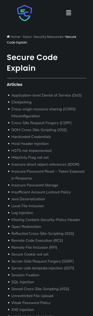mrdesoky0's tweet image. this Secure Code Explain page is a goldmine.

Super easy breakdowns of common vulns with vulnerable code:
securitycipher.com/docs/security/…

#bugbountytips #InfoSec