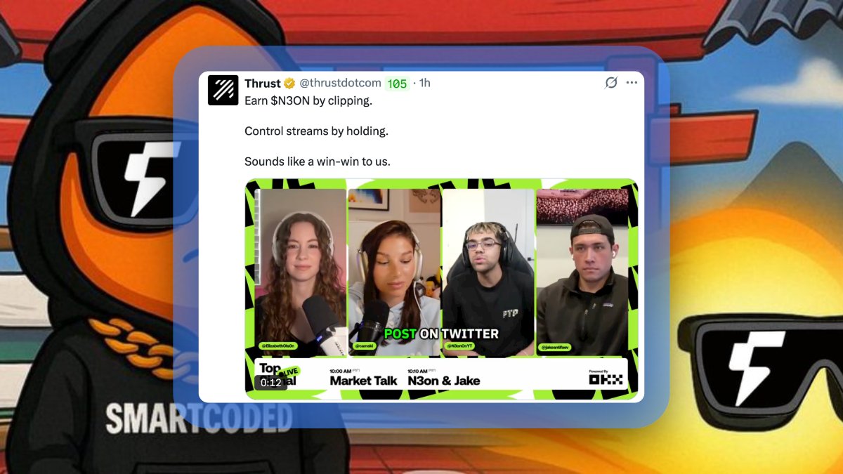 smartcoded's tweet image. The more I watch how @thrustdotcom structures N3ON, the more it feels like they’re rebuilding the creator-viewer relationship from the ground up.

Clipping earns you tokens.
Holding lets you influence the stream itself.

Creators get active communities instead of passive viewers.…