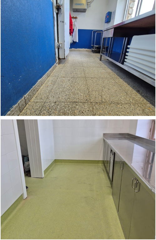 Instalaciones32's tweet photo. La cocina de Lauaxeta Ikastola sustituye su terrazo por pavimento #antideslizante Altro #K30. Se instala con remonte de media caña. Importante el uso de canaletas específicas para recibir el pavimento y evitar filtraciones a la solera.

#pvc #cocina #lauaxeta https://t.co/h3uQtZ4LKd