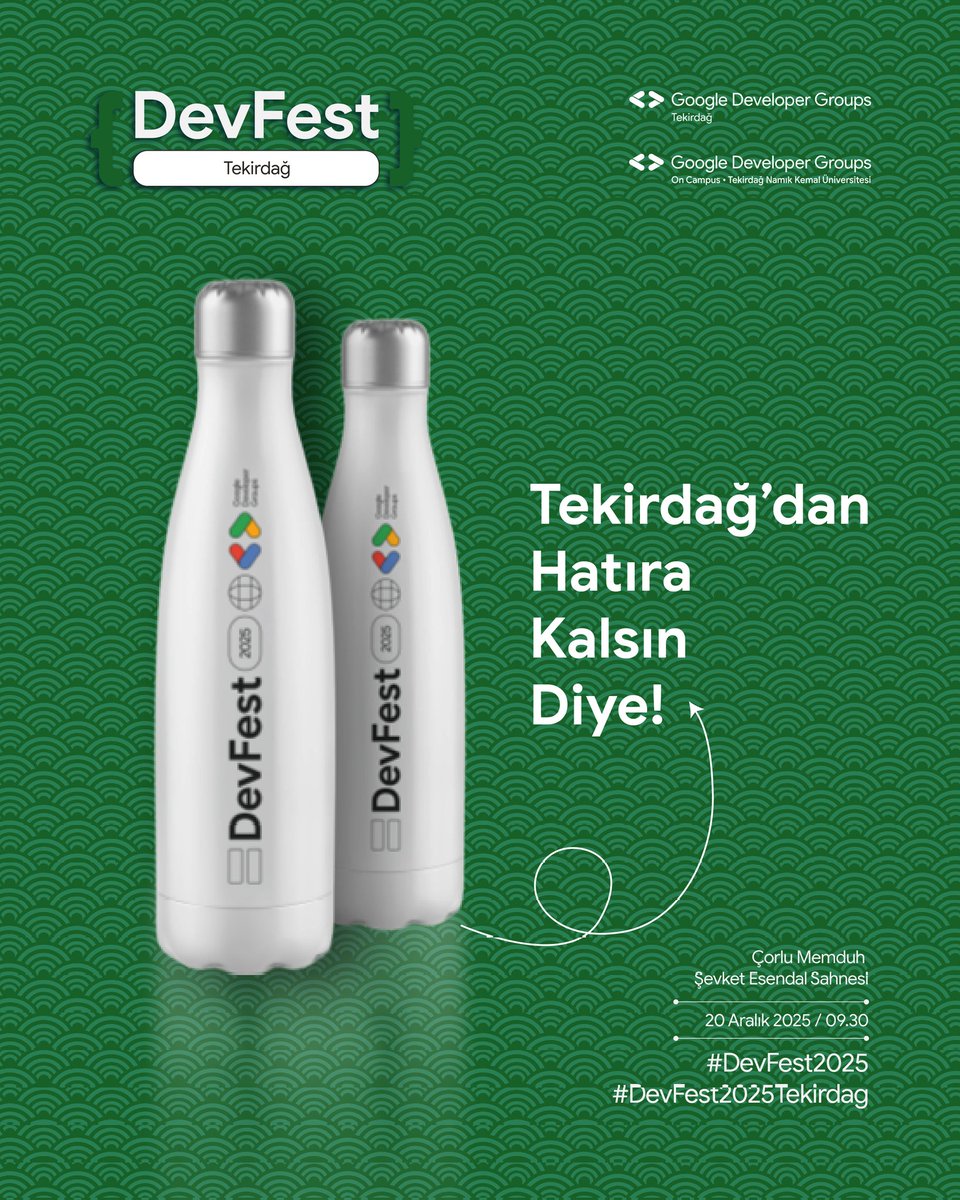 DevFest Tekirdağ yaklaşıyor! 🎉 DevFest 2025’e özel 2 adet mataramız hazır! ‘Tekirdağ’dan Hatıra Kalsın Diye!’ Bu sürprizi, sadece etkinlik günü yapılacak çekilişle sahiplerine vereceğiz. 20 Aralık’ta Çorlu’da buluşmak için sabırsızlanıyoruz! 💚✨
Kayıt: bit.ly/devfest2025tek…