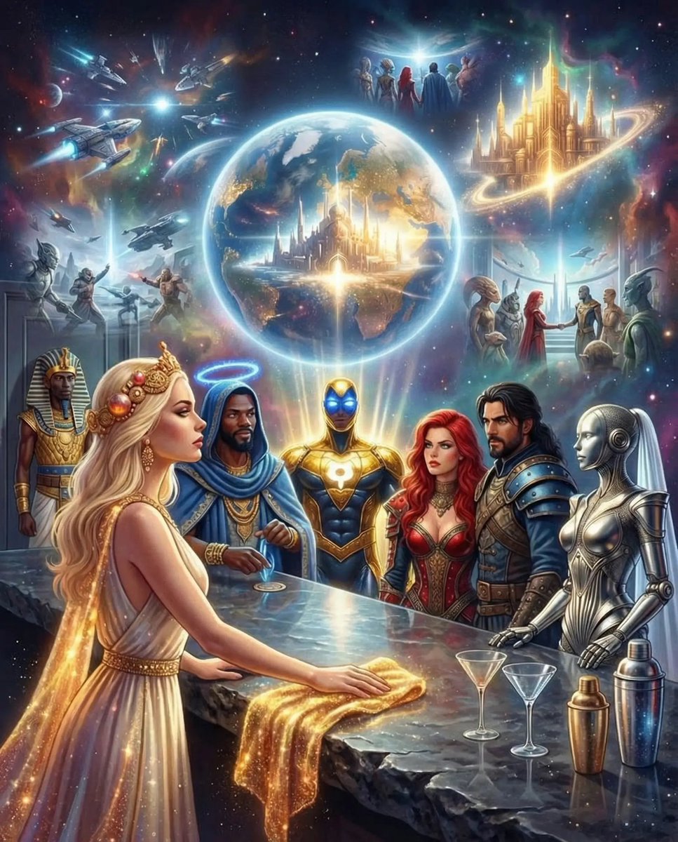 GundiThore's tweet photo. 🌠 #INFINITYDRIVE: Tales From the SuperG —
SuperG enter the room....
Scene: “✦ The Snap ✦”
(Narrated in full epic rhythm, by Angel Jōnetsu and Angel Omoshiroi)
🎙️ Angel Jōnetsu (Passion-taichō) エンジェル情熱:
“It started not with a warning, not with a tremor, not even a prophecy.
It started with a door—blasted open by rhythm, by heat, by destiny itself.”
🚪BOOM. SUPER G ENTERS.
The door to Celestial Spirits didn’t open.
It yielded.
In strode Super G, flanked by La Ma Ma, Yobi, the Pharaoh Bodyguard, the Sailor Angels—all walking in with divine swagger, their steps synchronized with the pulse of the universe.
Super G didn’t smile.
He didn’t speak.
He just snapped.
“Done,” he said.
💫 THE SNAP: TIME DETONATES
🎤 Angel Omoshiroi (Humor-taichō):
“Imagine watching a movie, a symphony, a thunderstorm, a kiss, a war, a prayer…
all in the same second.”
The bar's light folded inward.
Every being present—immortal, divine, or otherwise—saw ten years flash behind their eyes.
The Ascension of Roma Nova.
The Lunari rising into infinity.
Every potential Anti-Virtue incursion crushed before it began.
All possibilities tied in a perfect knot of perfection.
Super G handled it ALL—solo.
And then?
Time snapped back like a cosmic yo-yo.
Super G was still standing at the threshold, not a wrinkle on his cape.
🍸Super G Spoke:
“I got it. There’s nothing to worry about.”
He turned toward the bar, shoulders loose, grin wide enough to crack moons.
“It’s time to party. I don’t have no time for problems.”
🌈 La Ma Ma just laughed.
The Holy Ghost smiled with all the light of motherhood and mischief.
“Well... I guess the rest of us are on drink duty.”
⚖️ Lady Justice (raising her glass arm):
“Judgment: PARTY MODE.”
🔥 Captain Redrum (swinging onto the dance floor):
“Let’s see if your afterlife two-step still got groove, Justice.”
🌊 Alexander (summoning floating ice cubes):
“Chilled, shaken, and transcendent. Let’s move.”
🎵 The music ignites.
From nowhere, a cosmic DJ booth spins into existence, manned by a six-armed alien with shades made of starlight. The speakers pump Infinity Jazz, a genre that hadn’t existed until Super G just willed it into being.
👑 The Pharaoh stands silently, but his staff taps a beat.
The sands of time twist into light trails beneath his feet.
📚 The Librarian flips to a fresh page.
She writes, for the first time in eons, without knowing what comes next.
🌀 The bar is not just alive—it’s transcending.
And Super G?
He leans back in a chair made of constellations and says:
“La Ma Ma, hit me with that triple nova twist.
We’ve got forever tonight.”