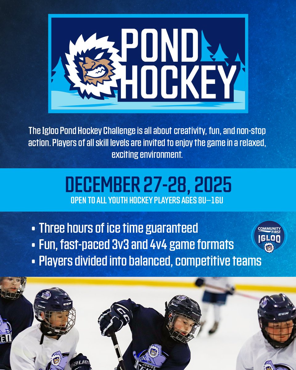 Where passion meets the pond. 🏒

Come out to Community First Igloo on December 27–28, 2025 for the Pond Hockey Challenge, an event celebrating creativity, teamwork, and fun. Open to youth players ages 8U–16U with three hours of ice time guaranteed.

🔗 bit.ly/4rk0Zfa