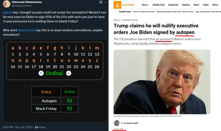 satoshibux's tweet photo. 👀👇
Autopen =92
Black Friday =92
#Gematria #BlackFriday #Autopen
#BlackFridayNFL #BlackFridayGAME #BlackFridayAmazon #blackfridayweekcdiscount #BlackFridayDeals #Trending #Virals #OTD #OnThisDay #fypage  #fyp #foryourpage  #foryoupage #foryou #DonaldTrump #Trump #Biden #JoeBiden https://t.co/hDRYT8y563