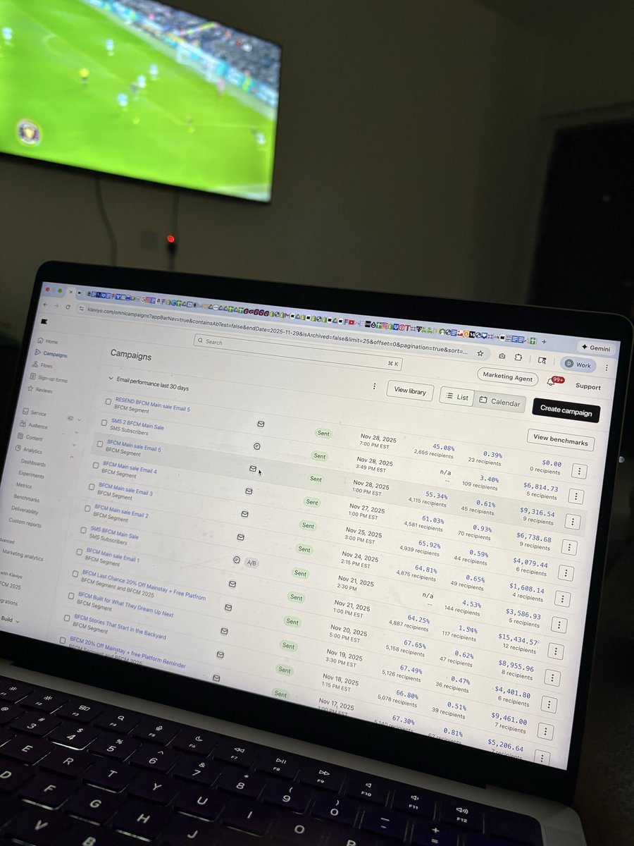 GregoryOkwudili's tweet photo. It's Saturday. This is me saying hi from my living room, laptop in front, managing to watch a football match.

Making sure brands I manage make the most revenue for Black Friday. 

Happy Weekend.

#BlackFriday #CyberMonday #EmailMarketing https://t.co/l0wHNcBnit