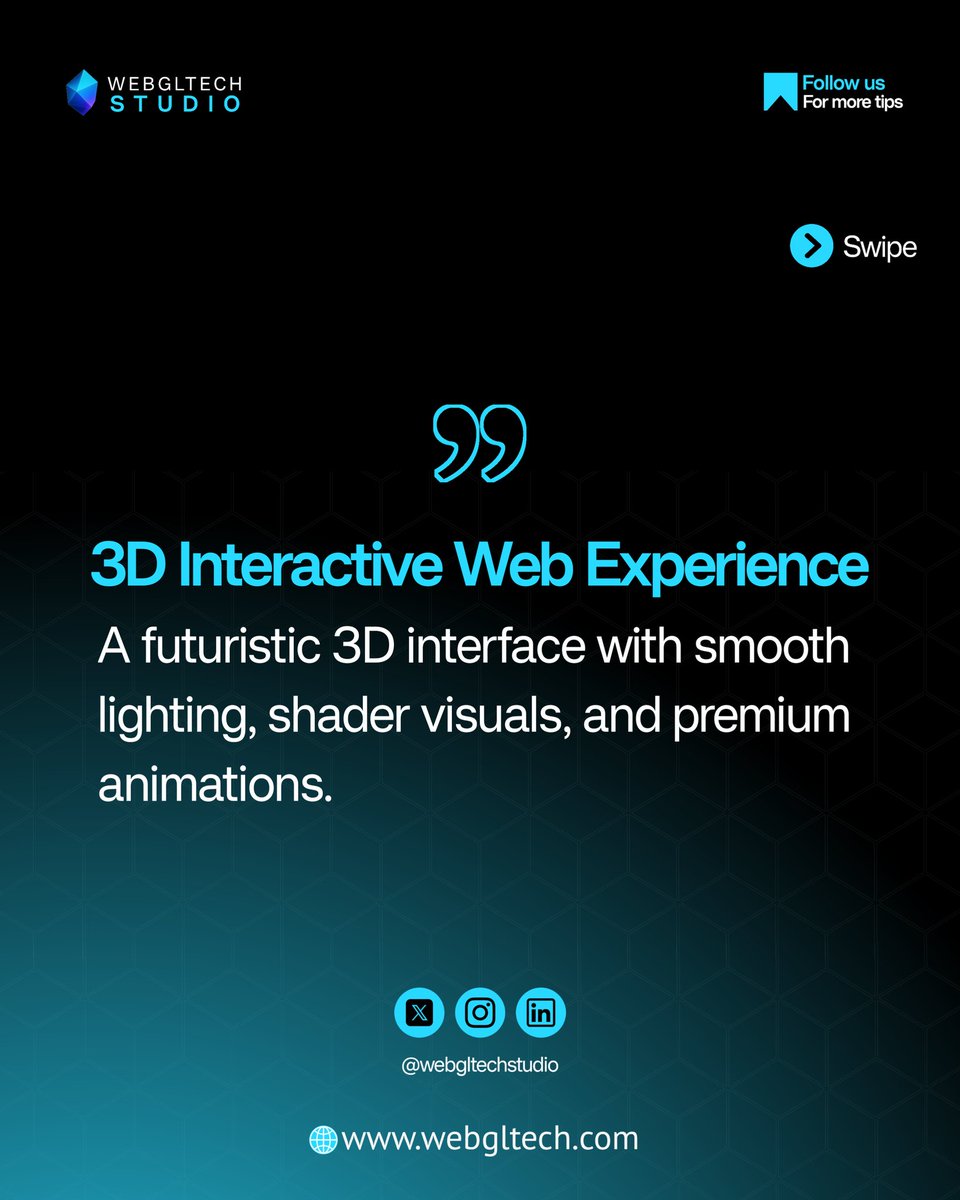webgltechstudio's tweet image. Experimenting with new 3D UI concepts - smooth lighting, shader-driven visuals, and a clean futuristic interface.
Still early, but loving the direction these designs are going.
More coming soon. 
#WebGL #ThreeJS #ReactThreeFiber #GLSL #3DUI #Design