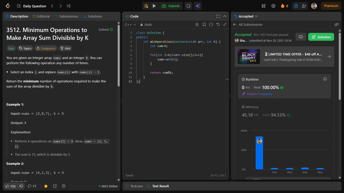 shahidx_05's tweet image. Day 259 – #365DaysOfCode

✅ Min Ops to Make Sum % K = 0
✅ Delete Leaves with Target
✅ GFG POTD – Count Set Bits
✅ Codeforces 99A

#DSA #LeetCode #GfG #Codeforces #CompetitiveProgramming #ProblemSolving #LearnInPublic #BuildInPublic