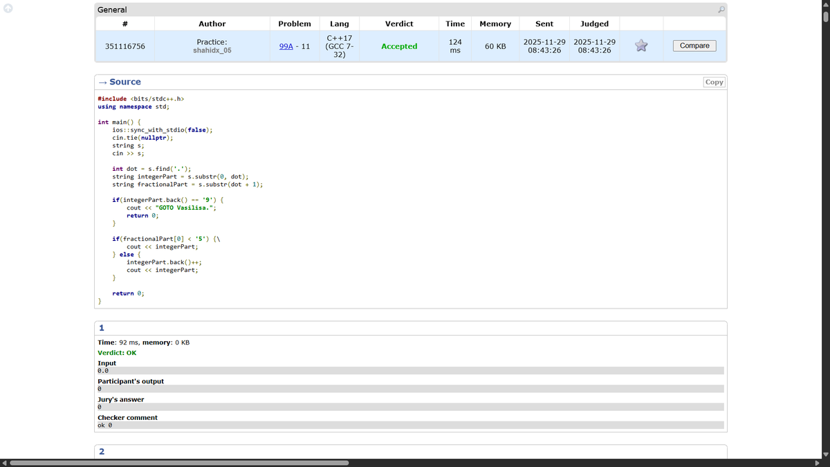 shahidx_05's tweet image. Day 259 – #365DaysOfCode

✅ Min Ops to Make Sum % K = 0
✅ Delete Leaves with Target
✅ GFG POTD – Count Set Bits
✅ Codeforces 99A

#DSA #LeetCode #GfG #Codeforces #CompetitiveProgramming #ProblemSolving #LearnInPublic #BuildInPublic