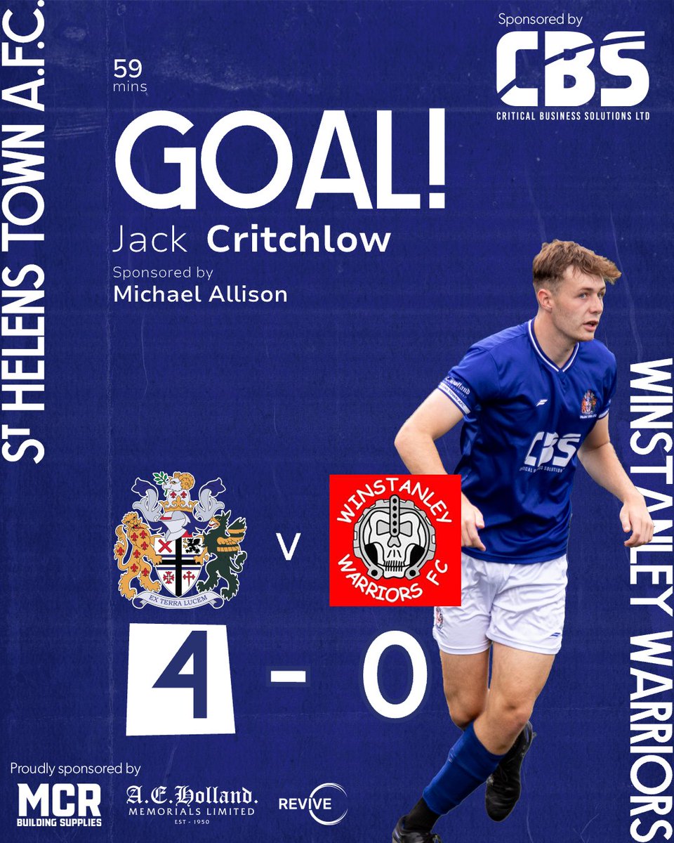 sthelenstownfc's tweet photo. 59' : GOAL!
4 St Helens Town AFC
0 Winstanley Warriors
Jack Critchlow is sponsored by Michael Allison

 #TownTeam #ExTerraLucem #FootballForAll @CBS_Ltd_1 #MCRBuildingSupplies #AEHolland #ReviveClean https://t.co/KZzN2N4Eis