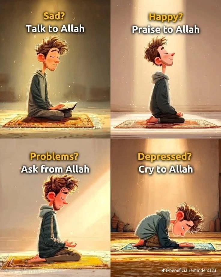 7signxx's tweet photo. Sad? Talk to Allah.
Happy? Praise Allah.
Problems? Ask from Allah.
Depressed? Cry to Allah.

Allah is closest to you than anyone else, and you can talk to Him anytime you want. Praise be to the One True God. The Lord of the worlds... https://t.co/JaaCNglwrP