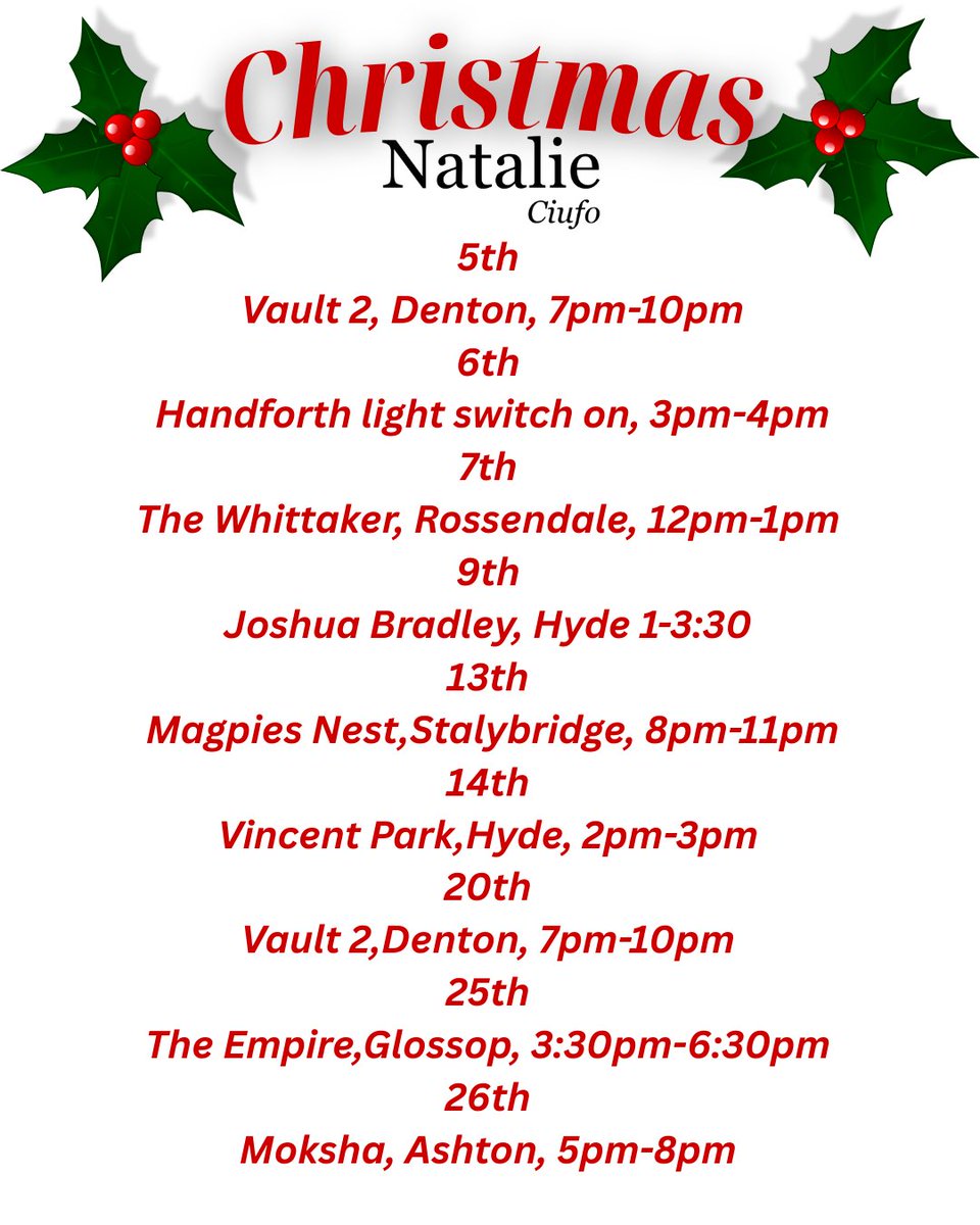 I have so many wonderful gigs booked in December, care homes, venues and private functions. For those of you who are interested here are the gigs that are open to the public. Excited to spread some #Christmas cheer. 🌲 (Please note for some of these events booking is needed) xx