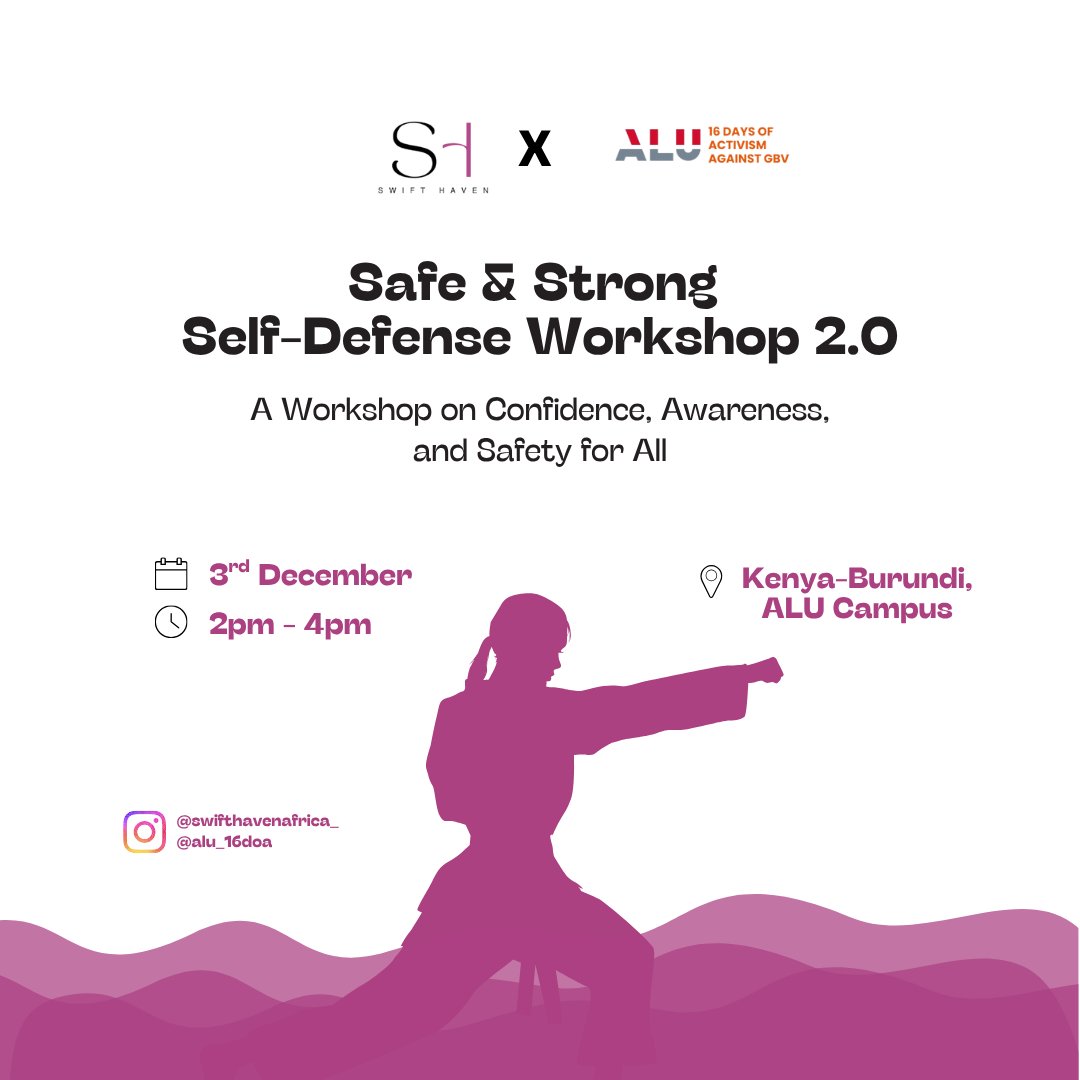 Alu16Doactivism's tweet photo. Join us for Self-Defence Workshop 2.0 by @swifthavenafrica_ , come learn skills to protect yourself physically, it is open to everyone. 🧡

📅 3 December, 2025
⏰ 2–4 PM
📍 Kenya-Burundi, Enterprise Commons, ALU

#16daysofactivism #SafeAndStrong #selfdefence #GBV https://t.co/0d6p5g27nJ