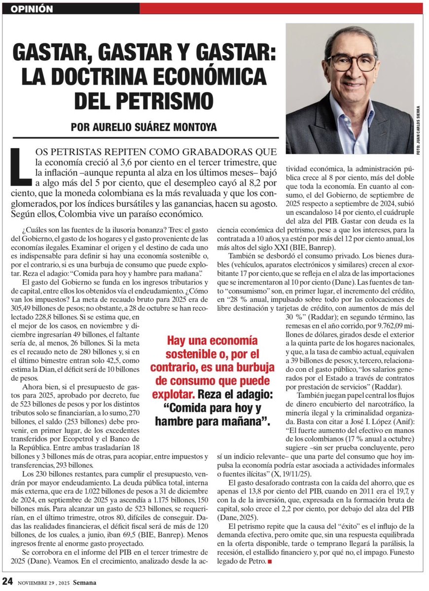 AurelioSuarez's tweet image. “Gastar, gastar y gastar: la doctrina económica del petrismo”

Gasto público con bajo recaudo de impuestos y con deuda de $1.175 billones a altas tasas. Gasto privado al debe, remesas y economía ilícita
Cae ahorro e inversión, sube consumo de importados.

semana.com/opinion/articu…
