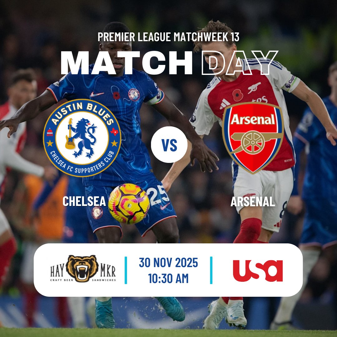 It's a battle at the top of the table. See you at Haymaker!

📺: USA
📅: Sun. 30 November 10:30am
🏟:: Stamford Bridge
📍: @haymakeraustin

Haymaker Drink Specials:
- $4 MIMOSAS
- $4 SANGRIA
- $4 BLOODY MARYS

#AustinBlues #SXSW6 #chelseafc #ktbffh
