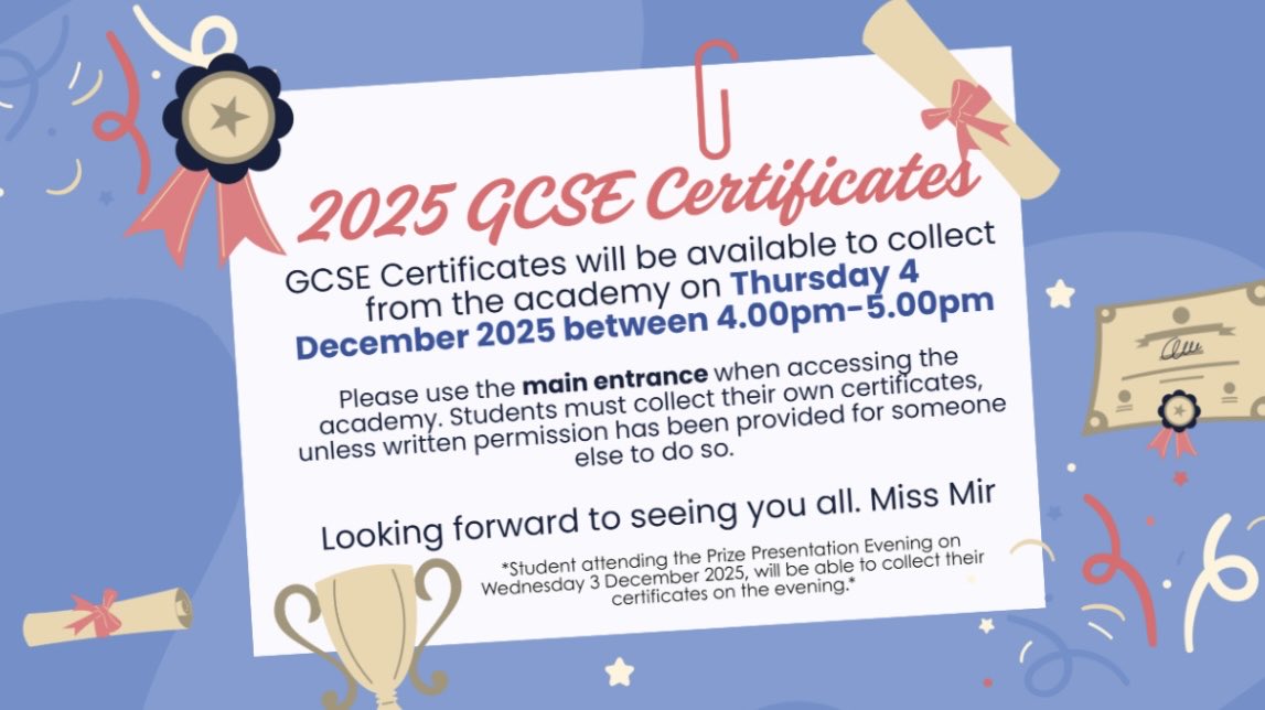 gorse_ruth's tweet image. 📢 ‼️Attention 2025 Year 11 Leavers - you can collect your GCSE certificates on Thursday 4 December from the academy. We hope to see as many of you there as possible! ✨#GCSE #certificates