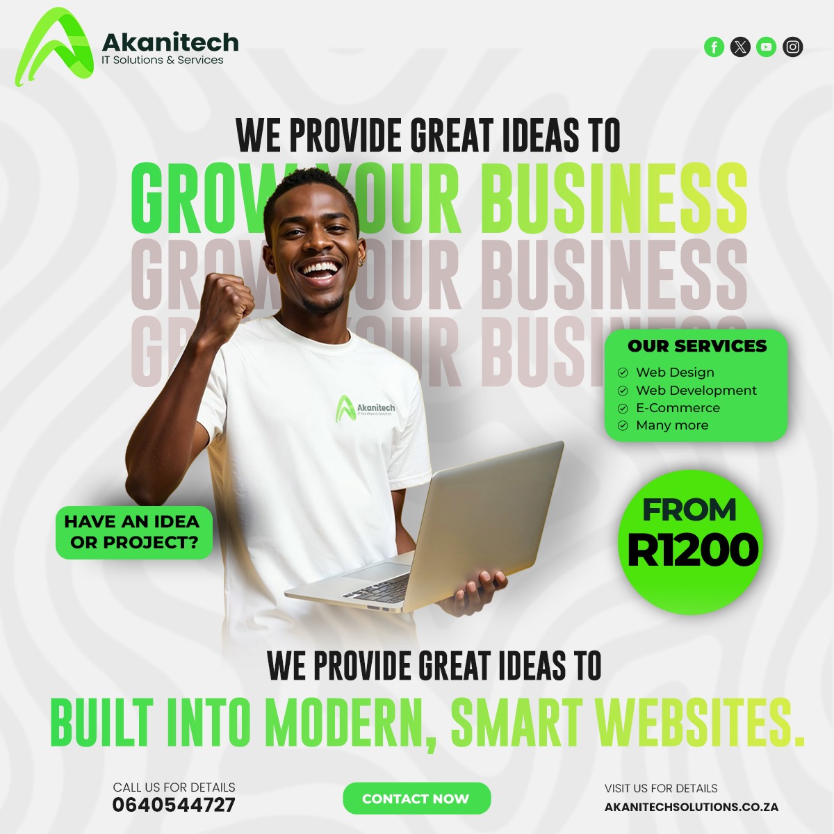 AkaniinTech's tweet photo. Ready to take your business online? AkaniTech creates modern, smart websites from only R1200!
Reach us today:
📞 064 054 4472
📧 info@akanitechsolutions.co.za https://t.co/u7LFeoKOMb