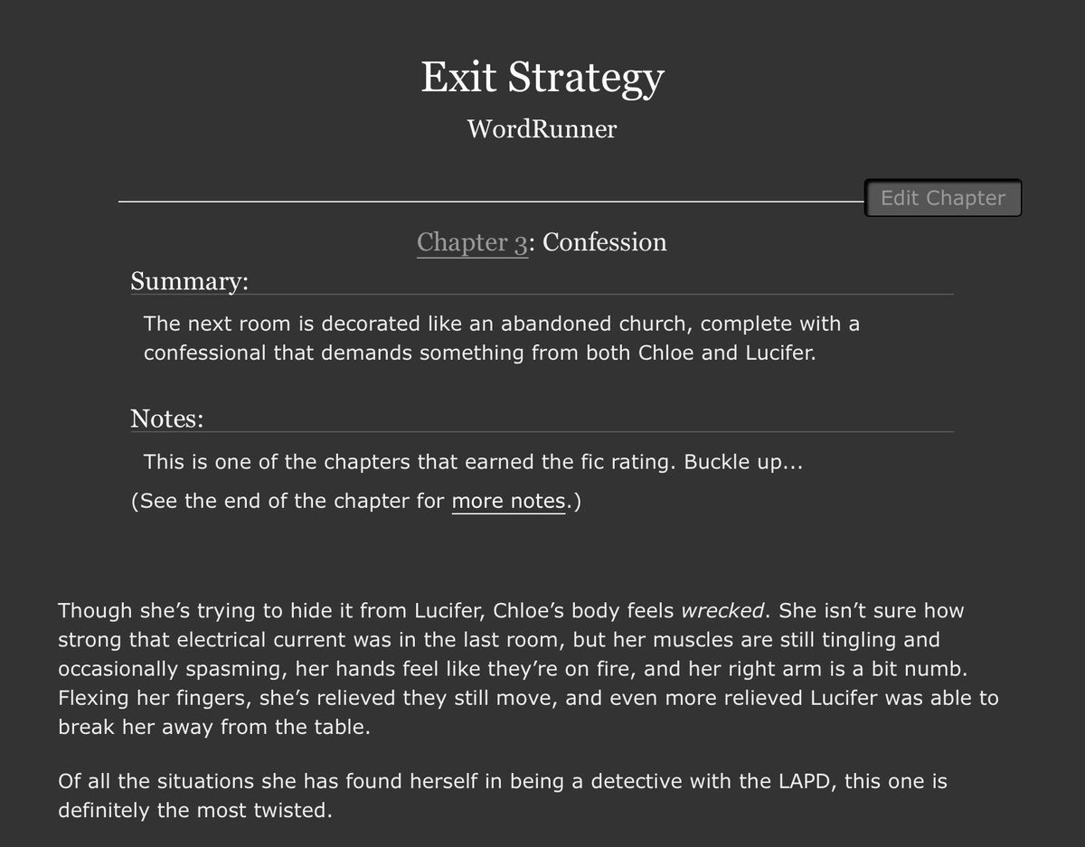 Exit Strategy update! 

Ch 3  —  Confession

The next room is decorated like an abandoned church, complete with a confessional that demands something from both Chloe and Lucifer.

archiveofourown.org/works/74156751…

#LuciferFanfiction
#LuciferNetflix
