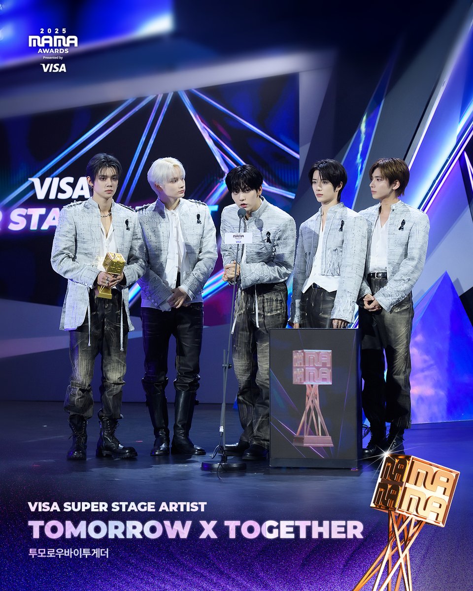 [#2025MAMA] WINNER ANNOUNCEMENT of 2025 MAMA AWARDS🏆

VISA SUPER STAGE ARTIST 
TOMORROW X TOGETHER (투모로우바이투게더)

HEAR MY ROAR, UH-HEUNG
2025 MAMA AWARDS

#MAMAAWARDS #2025MAMAAWARDS