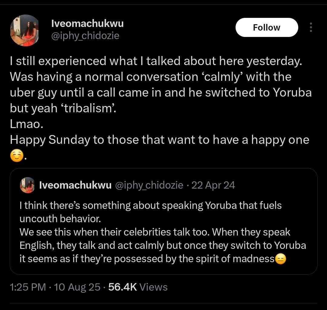 BalogunKakanfo1's tweet image. YORUBA IS OUR SPIRITUAL SIGNATURE.

Titilola Damilola wrote:

Isn’t it funny how Yoruba people will be minding their business, creating Yoruba content,
speaking their own language on their own page…
and suddenly someone appears in the comments saying “Yoruba people are always…
