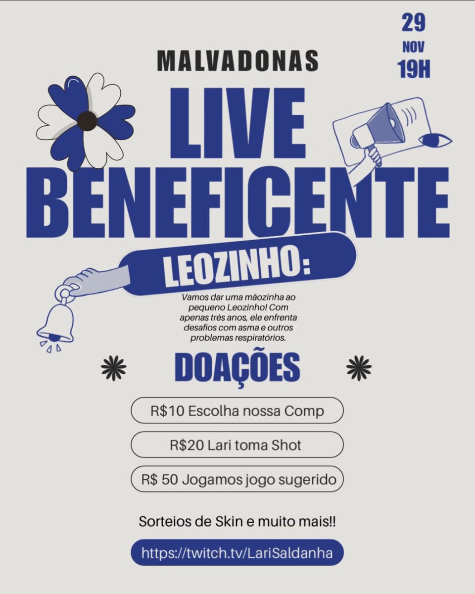 HOJE 19h teremos a Live Beneficente com as Malvadonas para ajudar o Leozinho! Ele tem 3 anos, sofre com asma e outros problemas respiratórios e todas as doações serão direcionadas ao tratamento dele. Teremos outras prendas que vocês poderão obter com suas doações durante a live