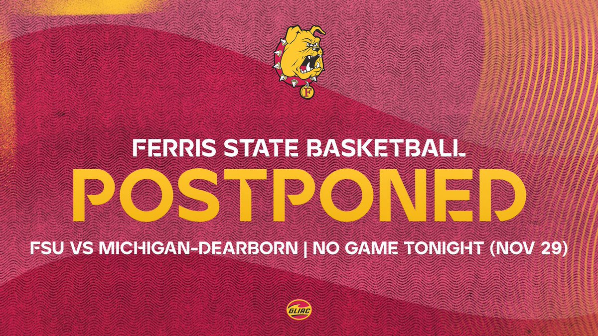 POSTPONED! Tonight's men's basketball home contest vs Michigan-Dearborn has been postponed to a later date due to weather-related travel concerns for the Wolverines. tinyurl.com/yrdc3473 <a href="/FerrisMBBALL/">Ferris M Basketball</a>