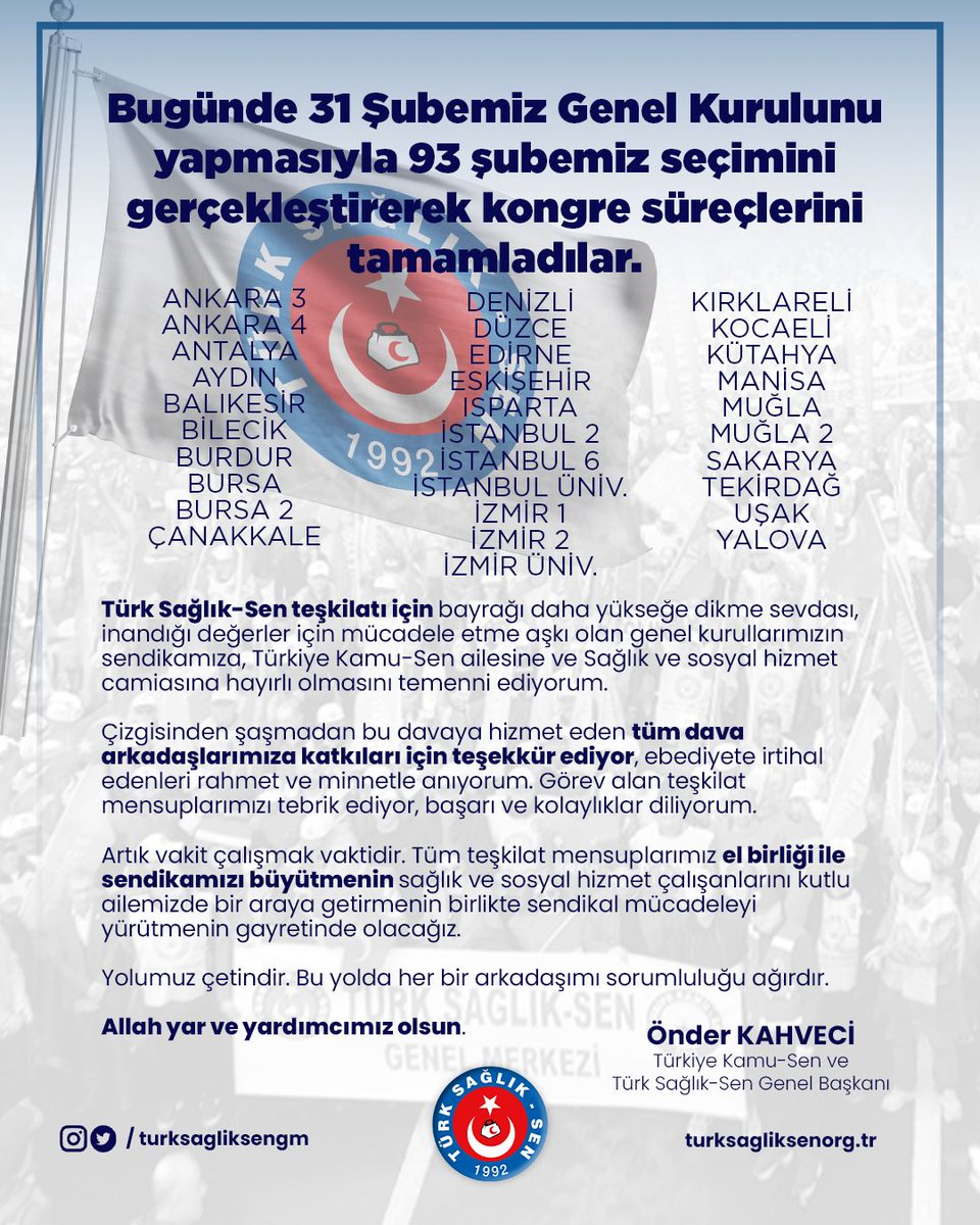 OnderKahveci's tweet image. Bugünde 31 Şubemiz Genel Kurulunu yapmasıyla 93 şubemiz seçimini gerçekleştirerek kongre süreçlerini tamamladılar. 

Türk Sağlık-Sen teşkilatı için bayrağı daha yükseğe dikme sevdası, inandığı değerler için mücadele etme aşkı olan genel kurullarımızın sendikamıza, Türkiye…