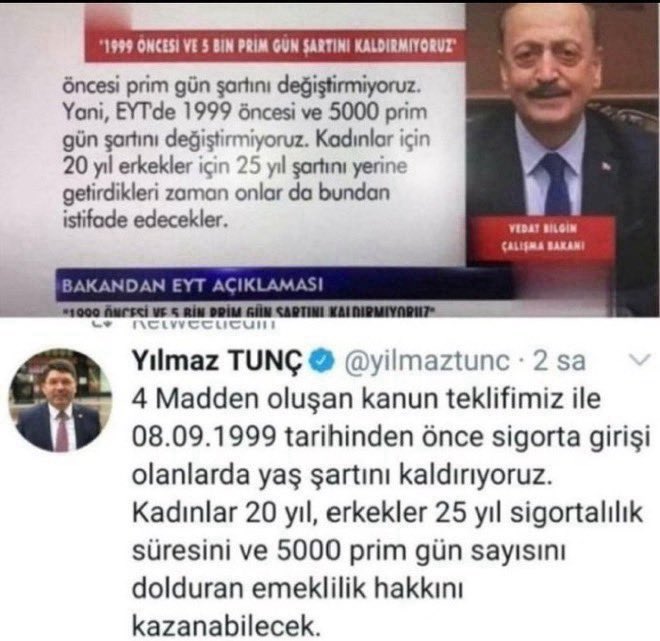 Hükümet #mışgibi davranıyor EYT çözülmedi!! 

99’ Öncesi Anayasal haklarımız 5000 Prim ve Kısmi Emekliliği iade edeceğiz diyerek milyonları borçlandırdılar!
Yasayı eksik çıkarttılar!
Bir buçuk milyon Hak sahibi
Perişan!
<a href="/ozngndgdu/">Ozan Gündoğdu</a> 

<a href="/cenginyurt52/">Cemal Enginyurt</a>
#5BinVeKısmiyeAdalet