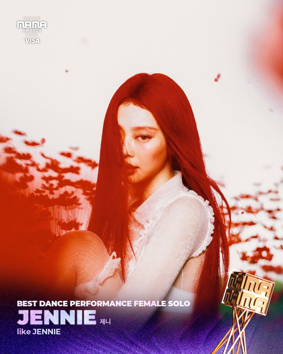 MnetMAMA's tweet image. [#2025MAMA] WINNER ANNOUNCEMENT of 2025 MAMA AWARDS🏆

BEST DANCE PERFORMANCE FEMALE SOLO 
like JENNIE by  JENNIE (제니)

HEAR MY ROAR, UH-HEUNG
2025 MAMA AWARDS

#MAMAAWARDS #2025MAMAAWARDS