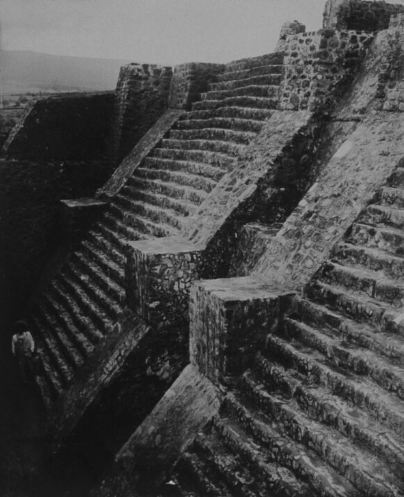 View of the main pyramid steps at Teopanzolco. Location: Cuernavaca, Morelos, Mexico. Culture: Tlahuica and Aztec. Date of structure: c. 1150–1521 AD. Date of photograph: c. 1875. Photographer: Teobert Maler. Collection: The Getty Museum, Los Angeles.