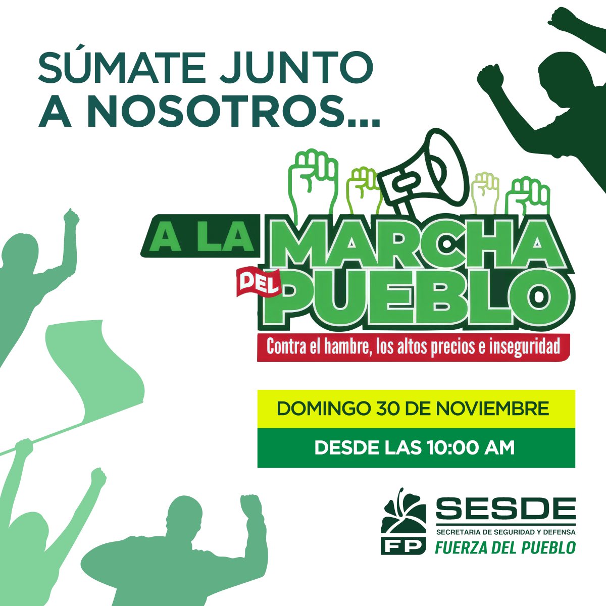 ¡Mañana es el día! 🟢

¡NADIE SE QUEDA EN CASA!  
Este DOMINGO 30 de Noviembre la MARCHA DEL PUEBLO retumba en las calles. 

#MarchaDelPueblo  
#NadieSeQuedaEnCasa  
#FuerzaDelPueblo 

¡Nos vemos mañana en la calle!🇩🇴
