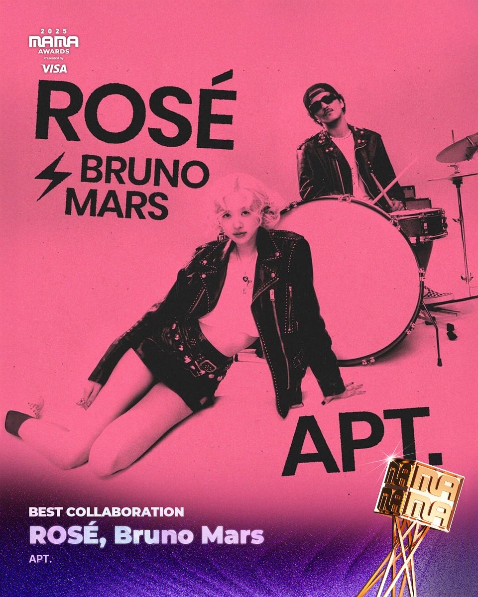 [#2025MAMA] WINNER ANNOUNCEMENT of 2025 MAMA AWARDS🏆

BEST COLLABORATION
APT. by ROSÉ, Bruno Mars

HEAR MY ROAR, UH-HEUNG
2025 MAMA AWARDS

#MAMAAWARDS #2025MAMAAWARDS