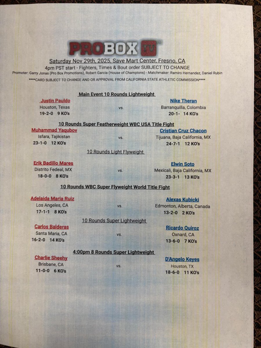 It's Fight Day on Probox TV 

Fight card and running order ✅️

Justin Pauldo vs. Nike Theran Muhammadkhuja Yaqubov vs. Cristian Cruz 
Adelaida Ruiz vs Alexas Kubicki for the vacant WBC 115lb title 🏆

<a href="/ProBox_TV/">ProBox TV</a> <a href="/WBCBoxing/">World Boxing Council</a> #PualdoTheran #YaqubovCruz #RuizKubicki