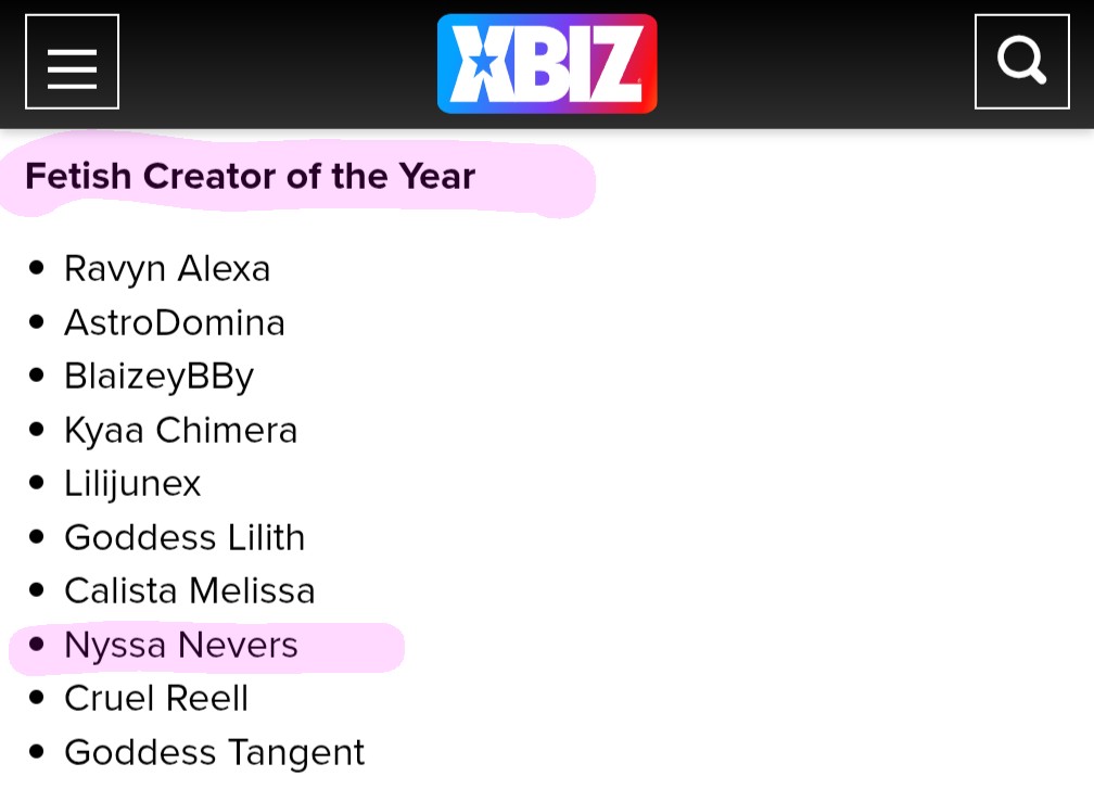 The <a href="/XBIZ/">XBIZ</a> XMAs voting started, so honored to be nominated for the "FETISH CREATOR OF THE YEAR" and would LOVE y'all would vote for me 💋
✅Creators Vote Here: xbiz.net/award/34/107/s… 
If you're nominated drop your category &amp; name, I'll vote for you too! 
Good luck everyone! ♥️♥️