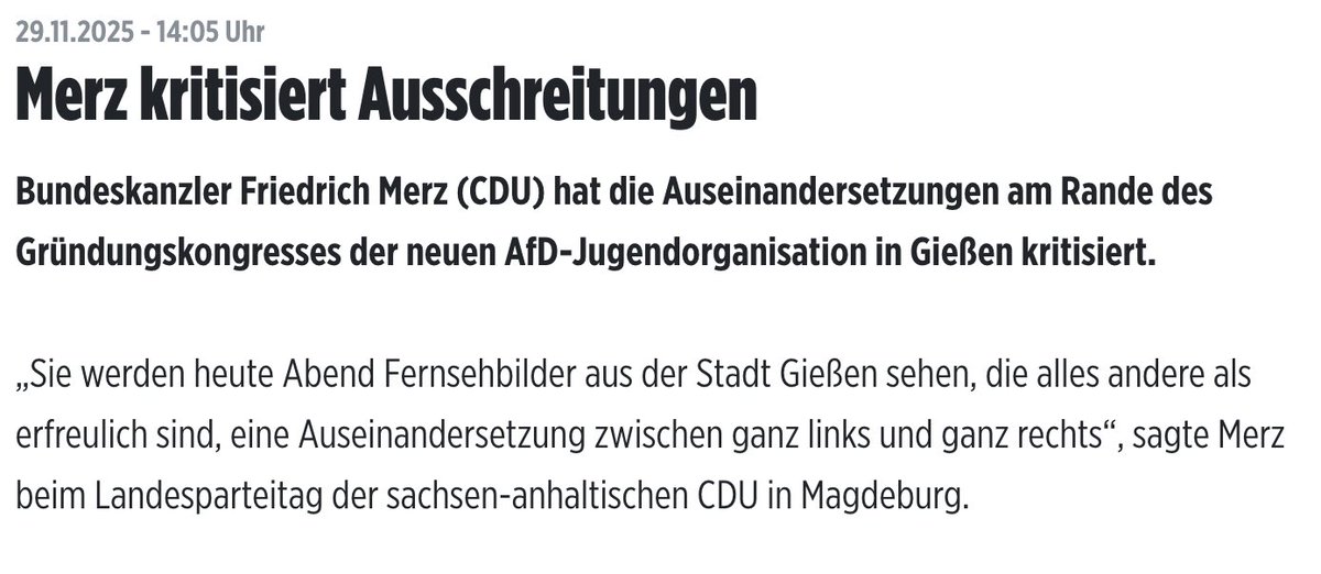 Völlige Entgleisung: Merz verharmlost die untragbaren Zustände in Gießen als "Auseinandersetzung zwischen ganz links und ganz rechts". Damit fällt er jedem einzelnen der 6.000 Polizeibeamten in den Rücken, die hier - unter Gefahr für Leib und Leben - ihren Dienst tun müssen.