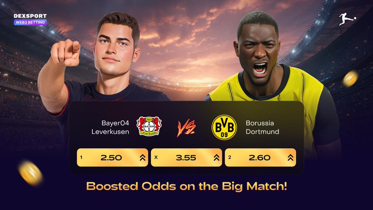 Dexsport's tweet photo. 🇩🇪 Bundesliga: Bayer Leverkusen vs Borussia Dortmund 

The headline matchup of the Bundesliga  weekend. Both clubs arrive after impressive Champions League performances, and their positions in the table only add more intrigue.

Leverkusen, now under Kasper Hjulmand, still haven’t beaten Dortmund at home during the Xabi Alonso era. Is tonight the night to finally break that trend?

Dortmund, meanwhile, have stalled in the league – two straight draws and nearly half of their total goals conceded coming in those matches. On top of that, BVB still haven’t beaten a direct rival this season.

A clash loaded with pressure, momentum, and questions.
🔥  Who comes out on top? Bet Now! - https://t.co/ijUPLU1Ovg