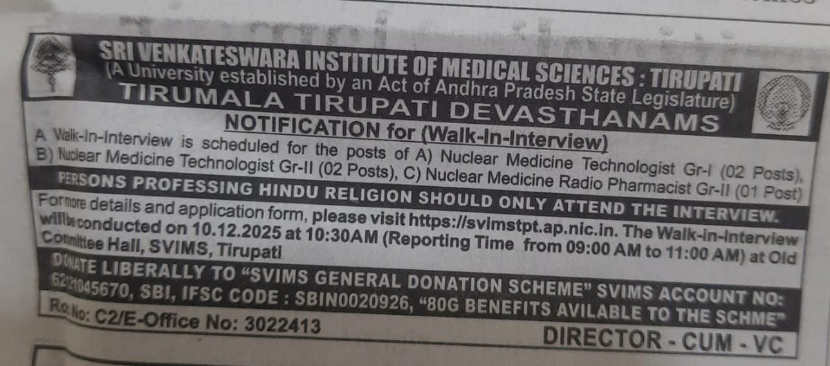 dogra_ns's tweet image. Shri Mata Vaishno Devi Medical College biased selection of 42 muslim candidates out of 50 students is unprecedented in other Hindu Mandir funded medical colleges. 

It is explicitly stated in the recruitment notification of Shri Venkateshwara Institute of Medical Science,…