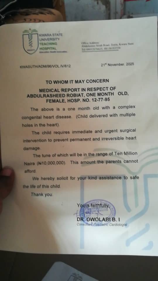 URGENT: Help Save Baby Robiat!

Our 1-month-old daughter, Robiat Abdulrasheed, is fighting for  her life.

She has multiple holes in her heart (Congenital Heart Disease) and needs urgent surgery.

We cannot do this alone. Your support can save her.
Please Donate &amp; Share Widely: