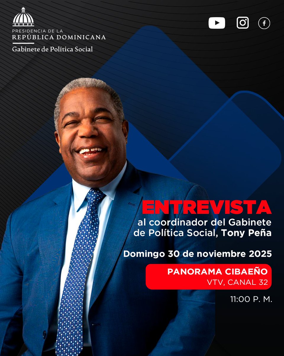 Este domingo 30 de noviembre a las 11:00 P.M. acompáñame en PANORAMA CIBAEÑO en VTV, Canal 32.

Hablaremos de cómo trabajamos día a día para mejorar la vida de los dominicanos.

No te lo pierdas, tu opinión también cuenta.

#TonyPeña #GabineteDePolíticaSocial