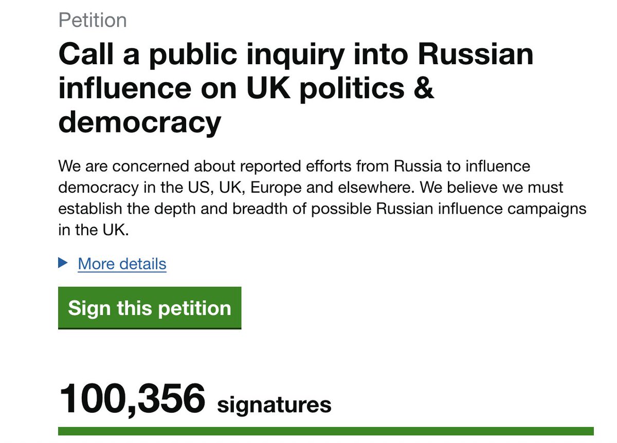 The petition calling for a public inquiry into Russian influence on UK politics has reached 100k, which means MPs will have to debate the issue.