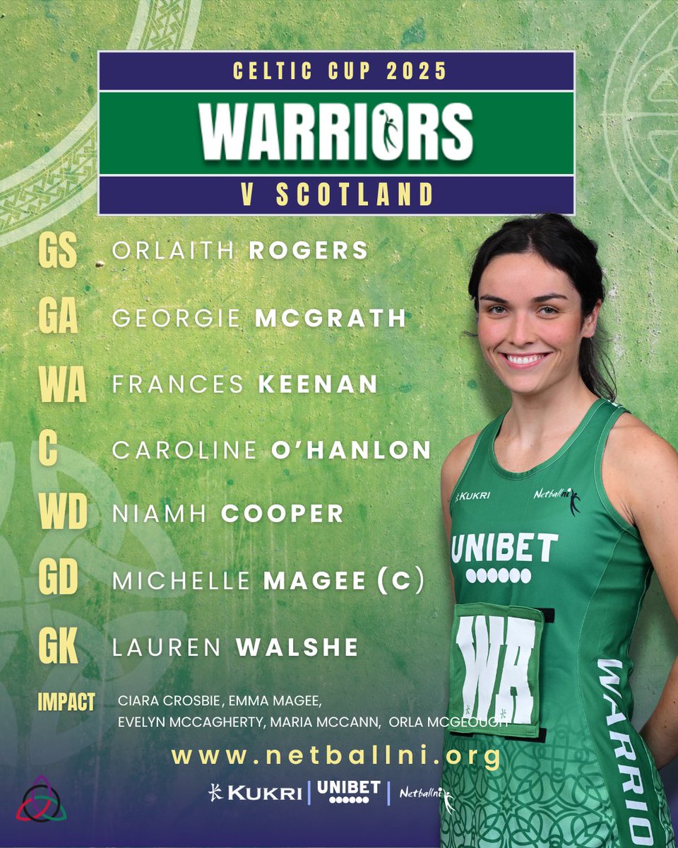 netballni's tweet photo. 💚 Match Day 🏐
Our Warriors are back on court at the Celtic Cup 2025 as they take on Scotland in Glasgow.💚✨

⏰ First centre pass 5.30pm
📺 Watch live on BBC iPlayer

@Unibet

#CelticCup2025 #NIWarriors #KukriPride https://t.co/VoQTmihPVa