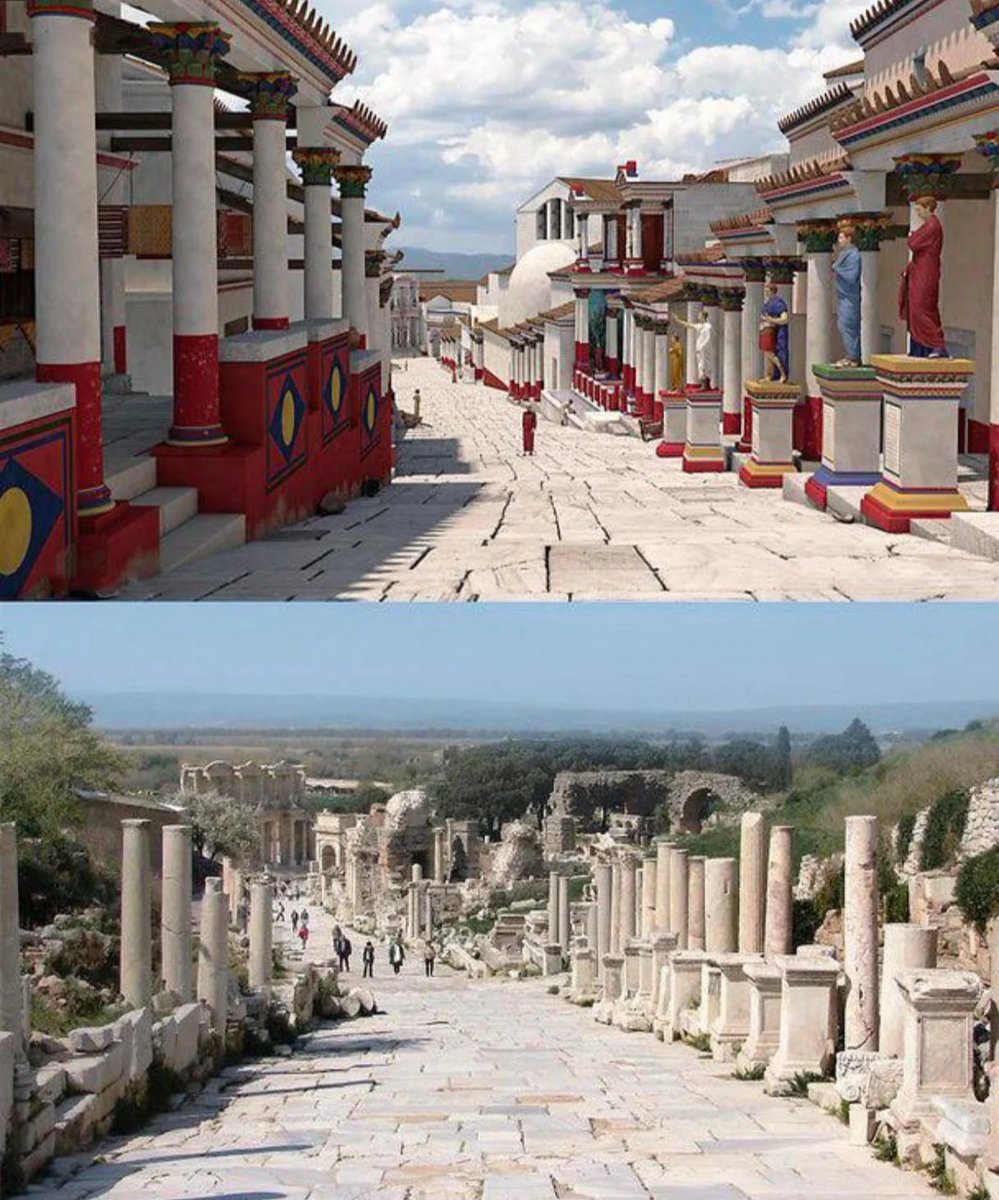 Then vs Now :

Curetes Street was one of the central veins of ancient Ephesus, linking the Celsus Library with the towering Hercules Gate. This marble-paved road formed a vital route through the city, guiding residents and travelers past important civic and religious sites. Every