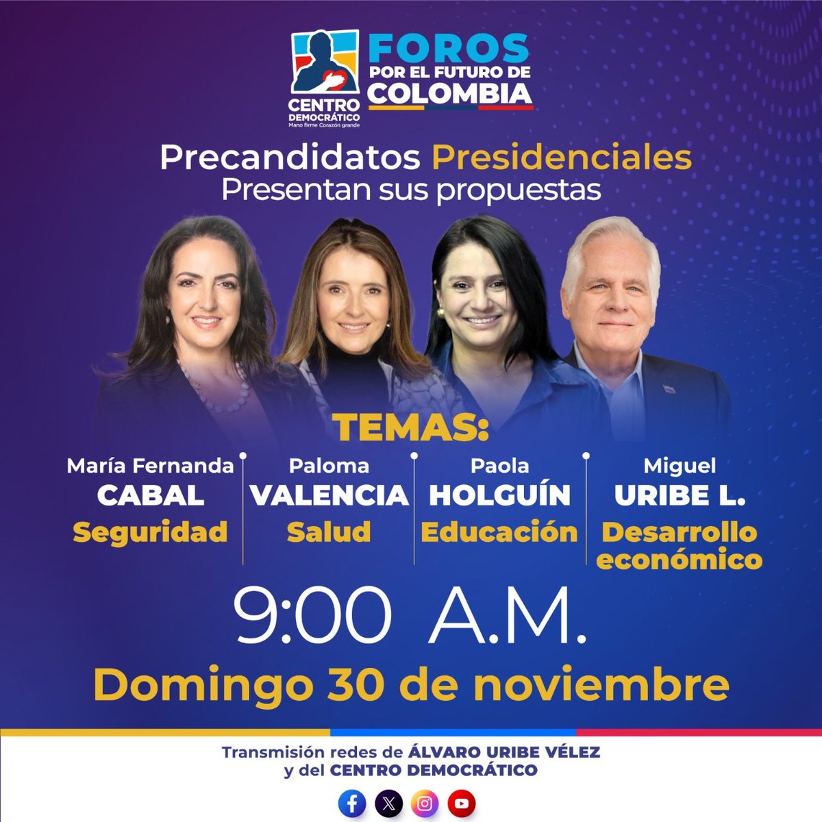 ⚠️Este domingo 30 de noviembre a las 9:00 a.m. conéctate al Foro de Precandidatos del Centro Democrático.

➡️María Fernanda Cabal: Seguridad

➡️Paloma Valencia: Salud

➡️Paola Holguín: Educación

➡️Miguel Uribe Londoño: Desarrollo económico

Sigue la transmisión aquí:

👉