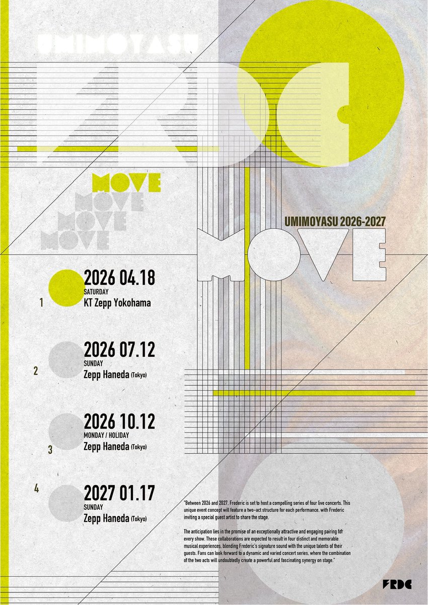 frederitter's tweet image. 🌊🔥🌊🔥🌊🔥🌊🔥🌊🔥

3ヶ月おき！対バン企画開催決定！

🌊🔥🌊🔥🌊🔥🌊🔥🌊🔥

「UMIMOYASU 2026-2027 MOVE」
1️⃣2026.04.18(土)
📍KT Zepp Yokohama
2️⃣2026.07.12(日)
📍Zepp Haneda(TOKYO)
3️⃣2026.10.12(月祝)
📍Zepp Haneda(TOKYO)
4️⃣2027.01.17(日)
📍Zepp Haneda(TOKYO)
※各公演ゲスト有り

／…