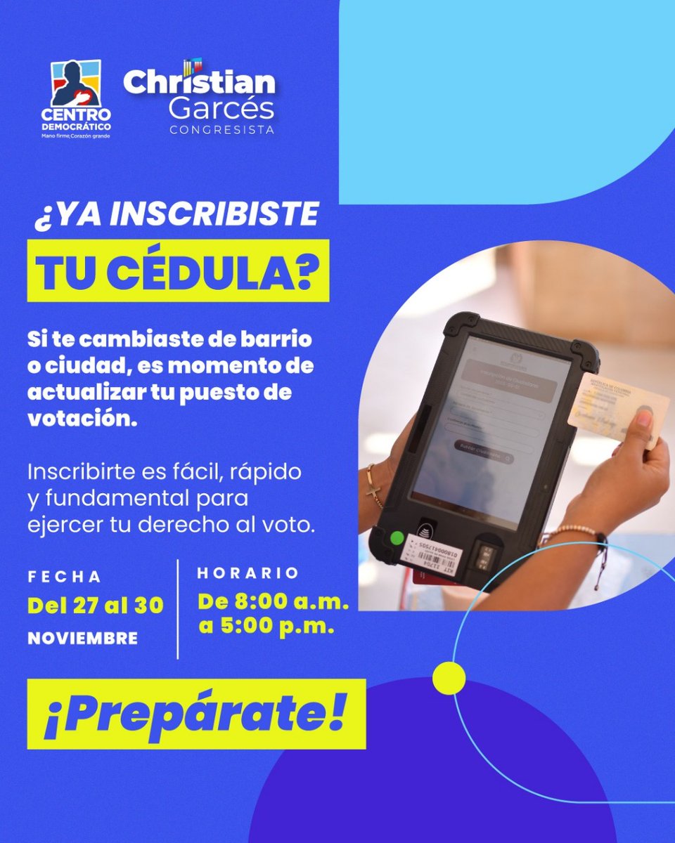 Del 27 al 30 de noviembre la <a href="/Registraduria/">Registraduría Nacional del Estado Civil</a> programó jornada especial para la inscripción de cédulas en los puestos de votación habilitados.  Comparte y vota en las próximas elecciones para cambiar el rumbo de nuestro país.