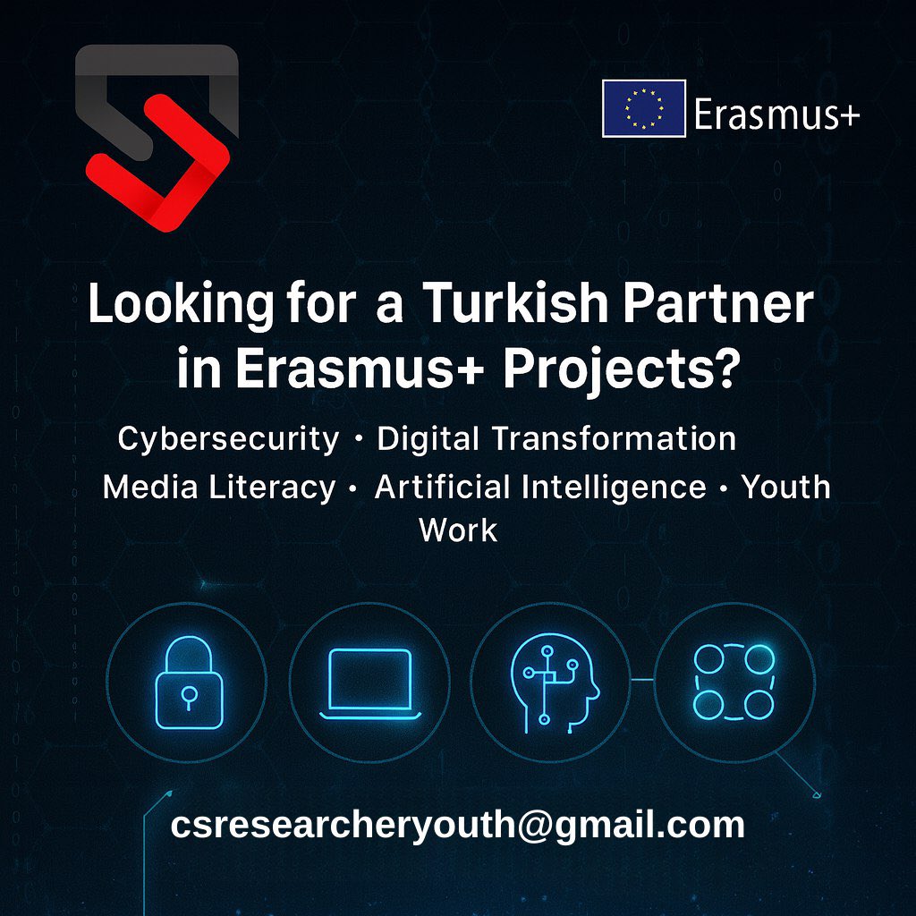 Looking for a strong digital partner from Türkiye for your Erasmus+ projects?

We are an active cybersecurity &amp; digital literacy youth NGO ready to collaborate in EU projects.
Cybersecurity ✔
Digital transformation ✔
AI education ✔
Youth work ✔

csresearcheryouth@gmail.com