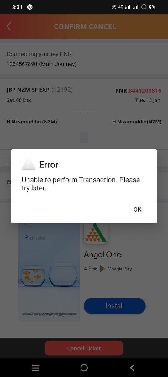JadounPrashant2's tweet image. Mujhe ticket cancel krni thi kiyuki wating me thi or mujhe 8 ko Jana tha 
Pr jab me cancel kr rha hu tab ye problem aa rhi hai pura din ho gya koi bata sakta hai ye kya problem ho rhi
#jabab_do_railway #railway #irctc