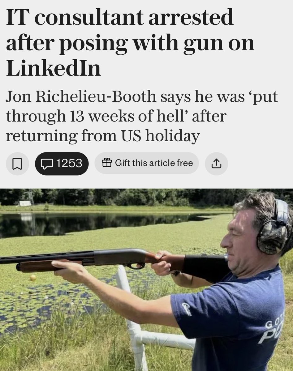 ianmiles's tweet image. A British IT consultant posted a photo on LinkedIn while on holiday in Florida, holding a shotgun on private property. It was legal, and it wasn’t framed as anything threatening.

UK police still turned up at his home at night, arrested him, and seized his devices. The serious…