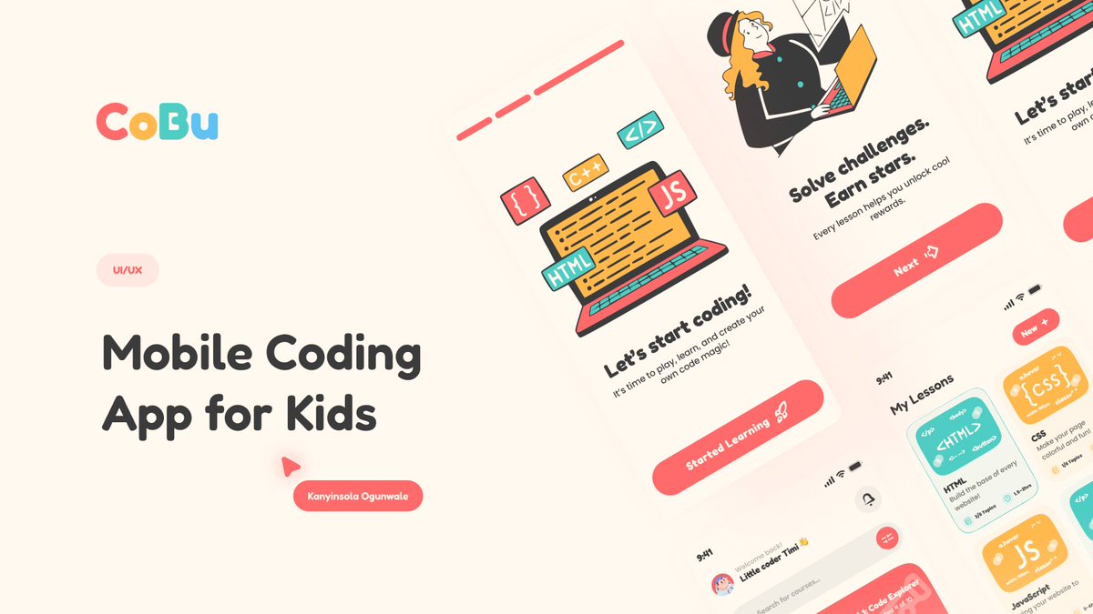KanyinOgunwale's tweet image. Excited to share my design for CoBu, a fun and engaging mobile app that introduces kids to programming!

#hnginternship #uiuxdesign #KidsCoding #AppDesign #EdTech #MobileAppDesign #ProductDesign #DesignForKids #CodingForKids